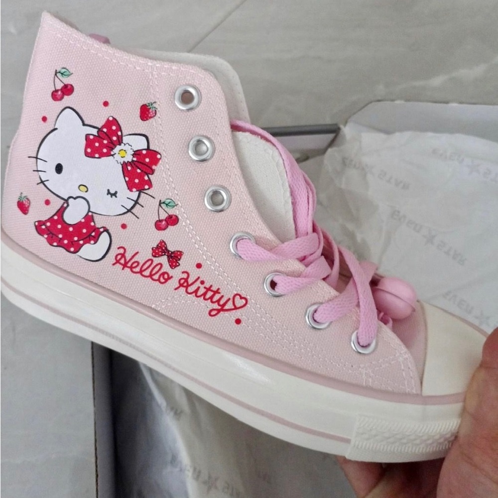 Pink Hello Kitty Womens Sneakers High Top Canvas Tennis Shoes Star Girls L…